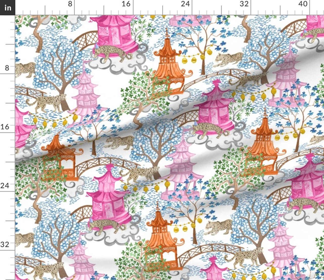 Chinoiserie Pagoda Leopards Pink And Rust Asian Inspired Watercolor Landscape Custom Printed Fabric by Spoonflower Various Fabrics by the Yard or Fat Quarter